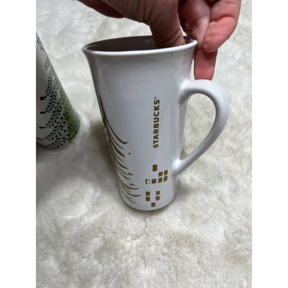 Starbucks Holiday Tree Mug Set Of two 12oz Ceramic Coffee Mugs Gold & Green Desi - Picture 3 of 9